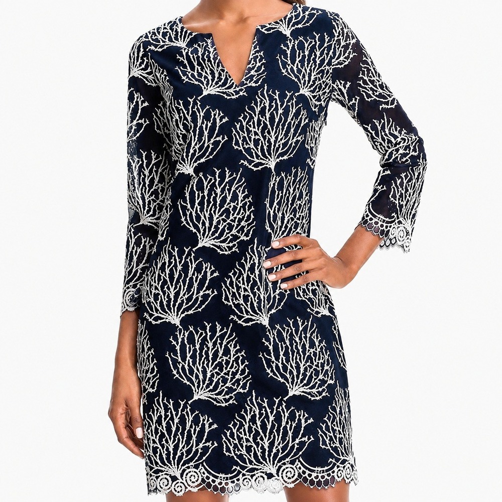 Lilly Pulitzer Navy White Coral Embroidered Lace Dress Size 2 Coastal Preppy